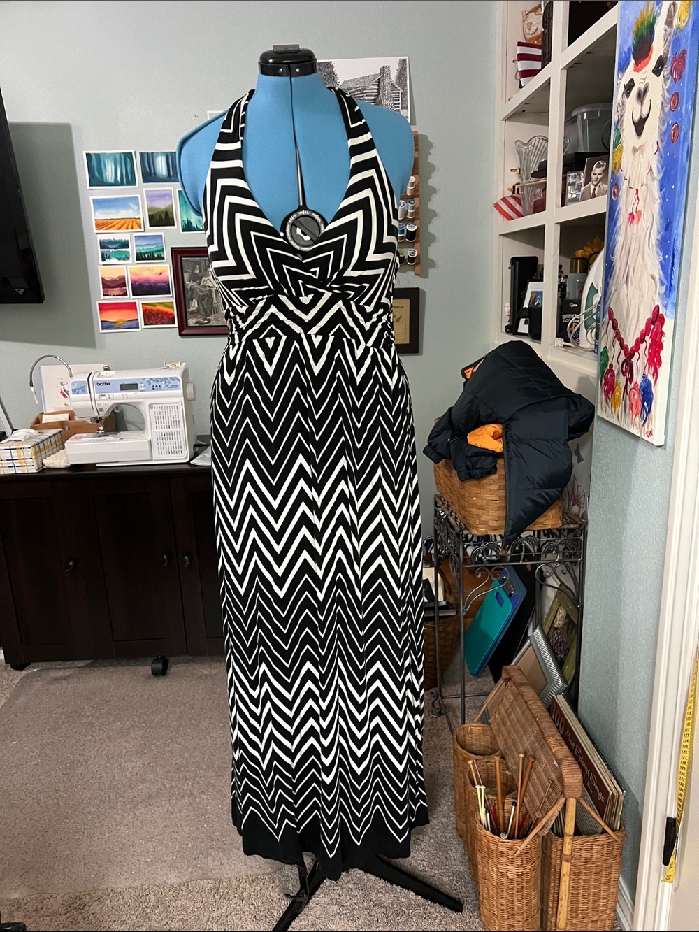 Soma  Black and White Chevron Halter Maxi Dress, Large with pockets